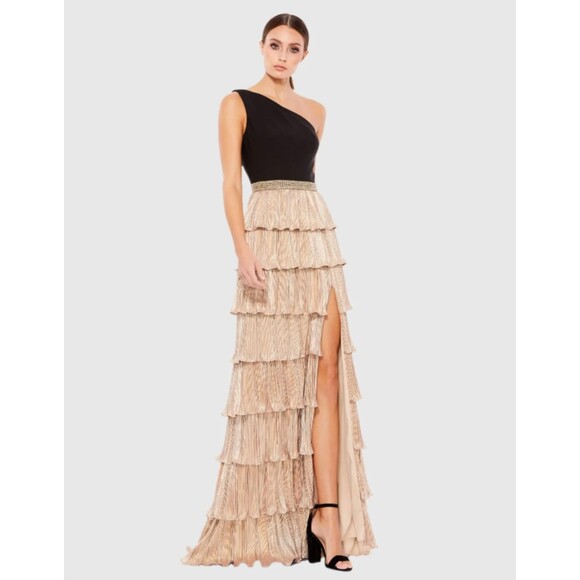 Ieena For Mac Duggal Dresses & Skirts - Ieena for Mac Duggal Black and Gold One-Shoulder Ruffle Tiered A-Line Gown Sz 6